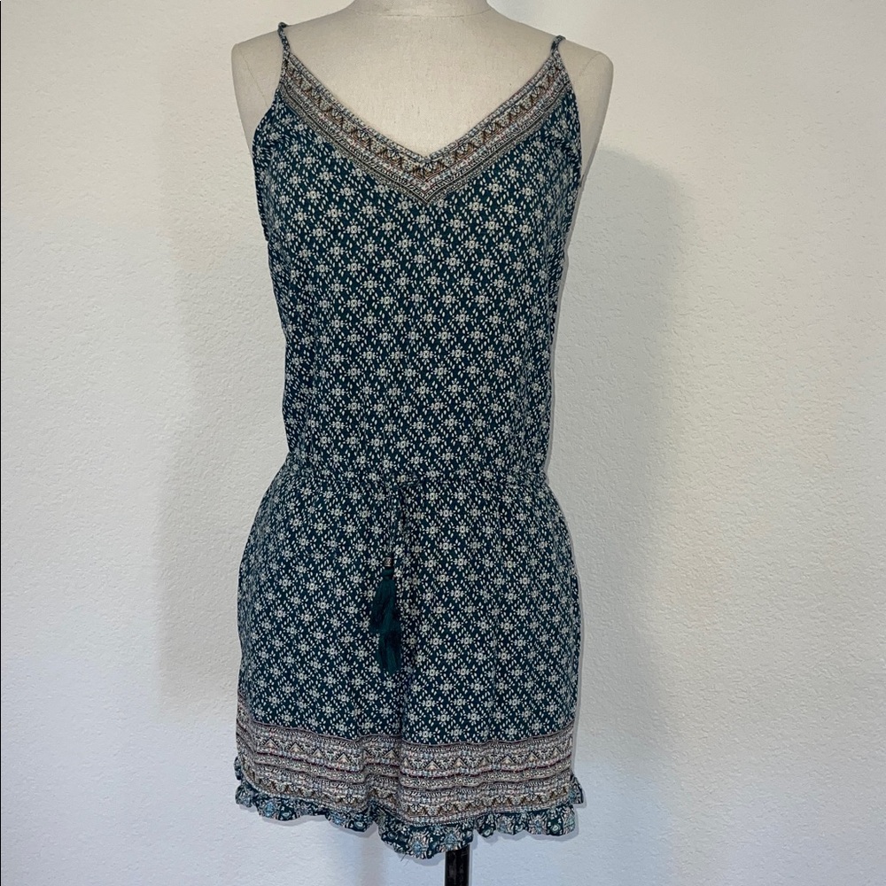 BECOOL Green Patterned V-Neck Sleeveless Tassel Tie Romper Outfit Size Medium M